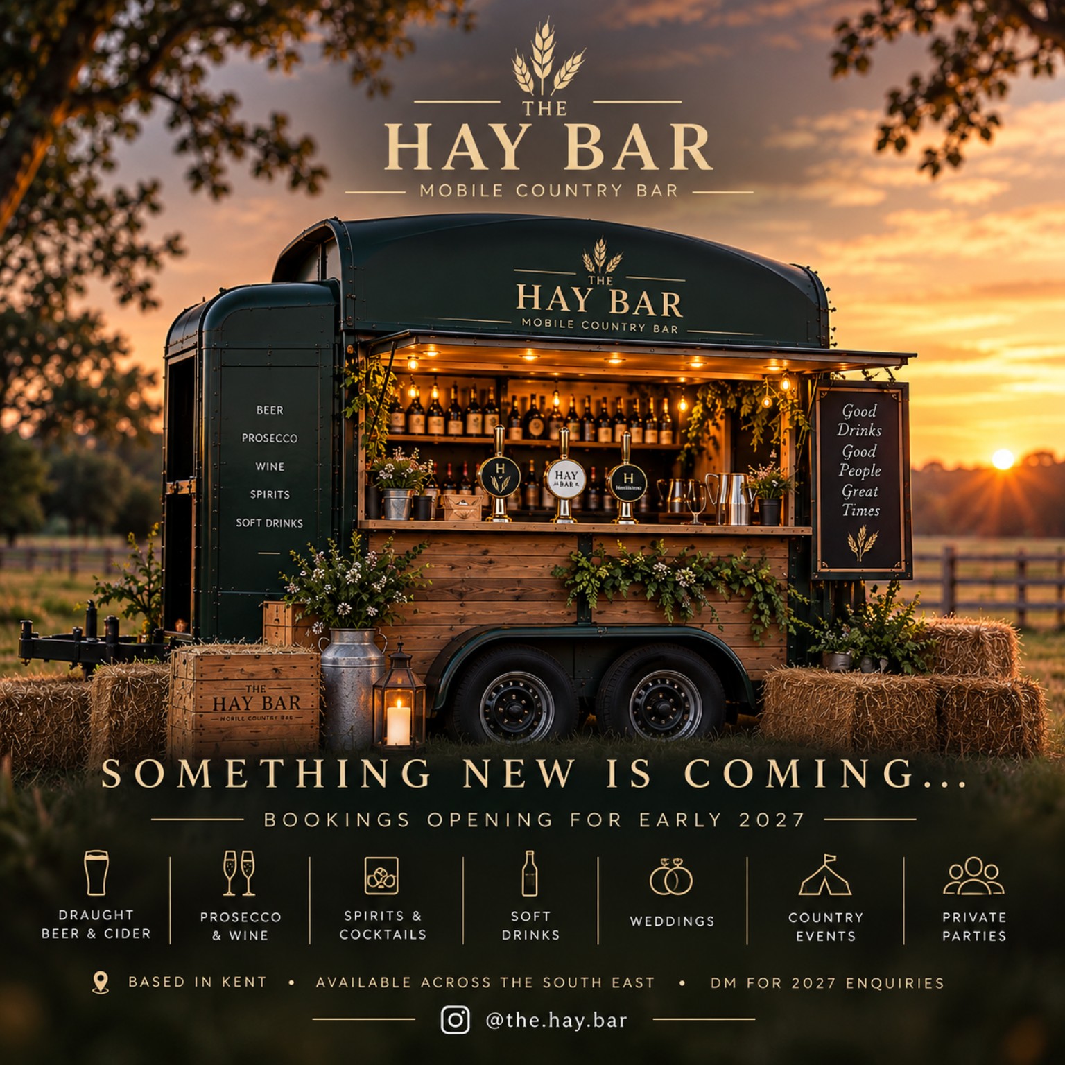 Illustration of The Hay Bar horsebox bar at sunset, with bookings opening for early 2027