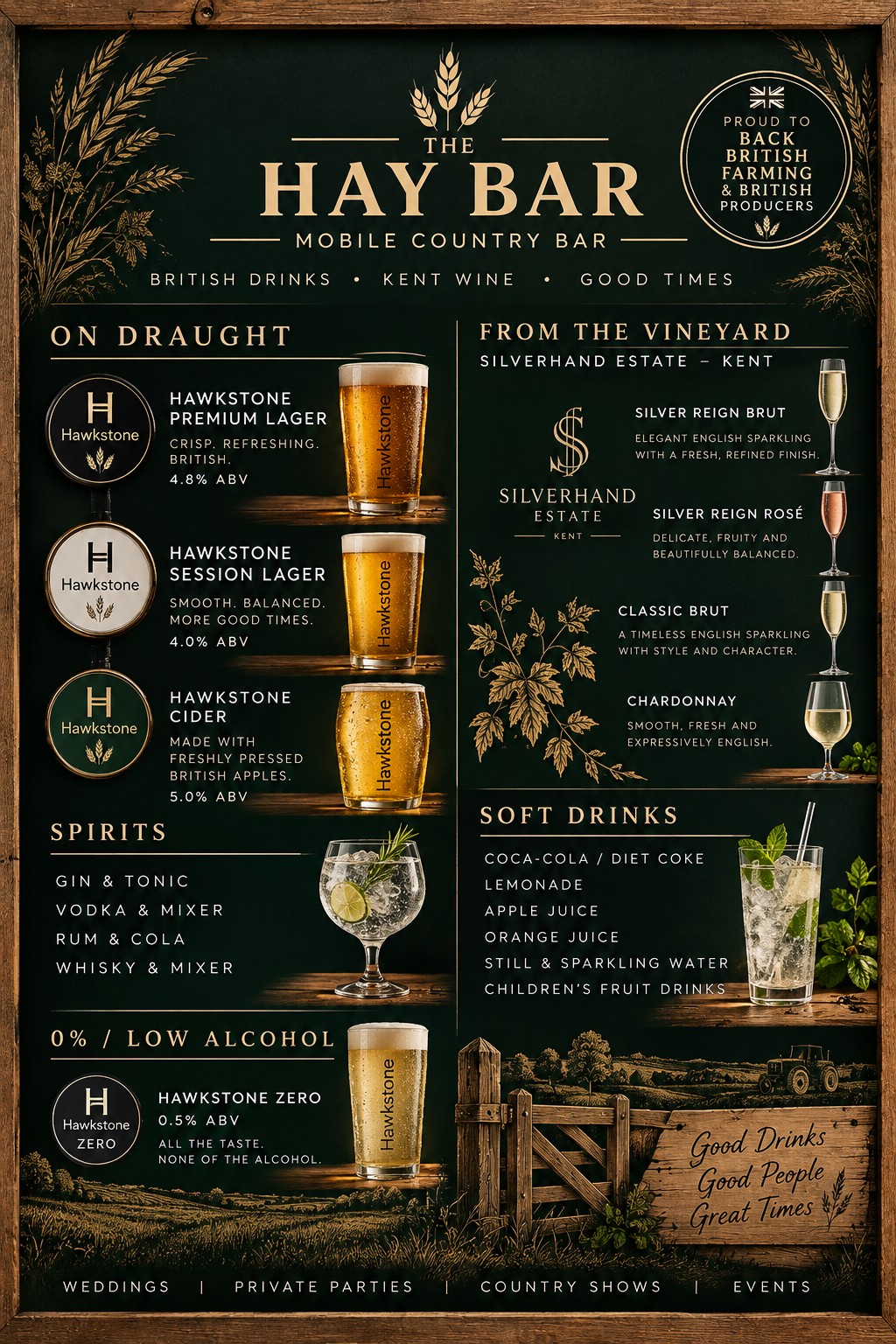 Illustrated Hay Bar drinks menu featuring draught beer and cider, Kent wine, spirits, low alcohol and soft drinks